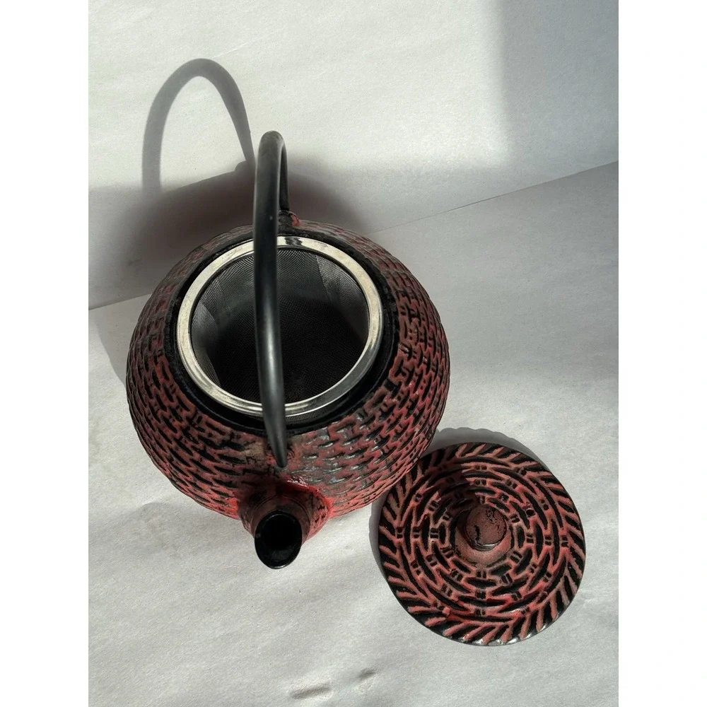 Red Cast Iron Tetsubin Style Teapot Enameled Interior Tea Pot w/ Infuser VTG
